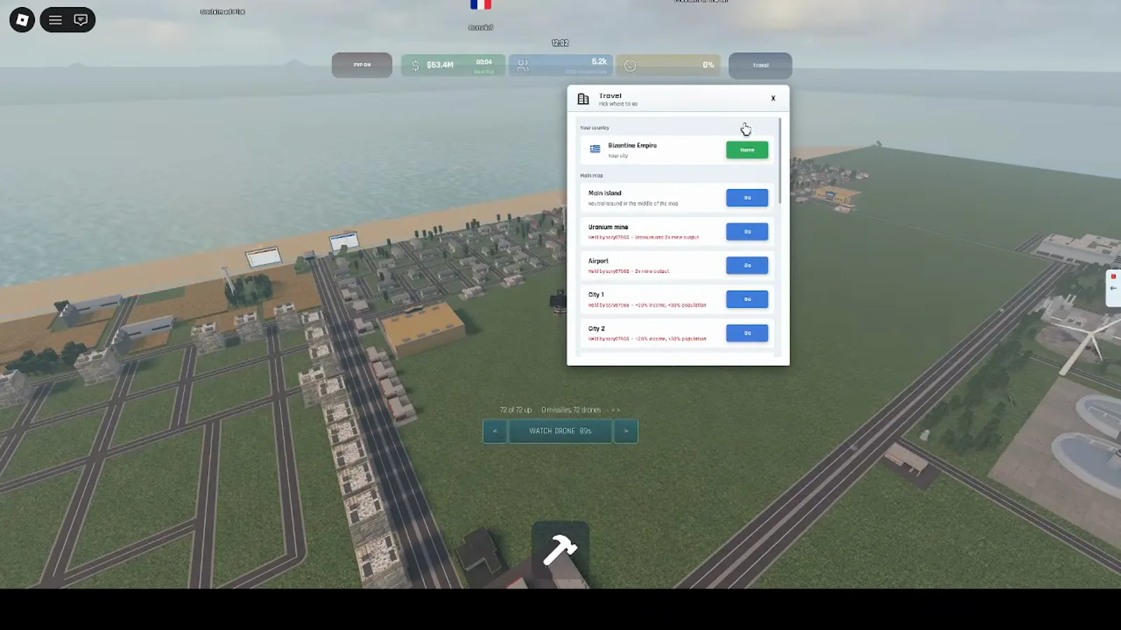 Build and Conquer Roblox Travel menu open over a coastal city with wind turbines and circular water tanks while drone watch HUD shows seventy-two drones deployed