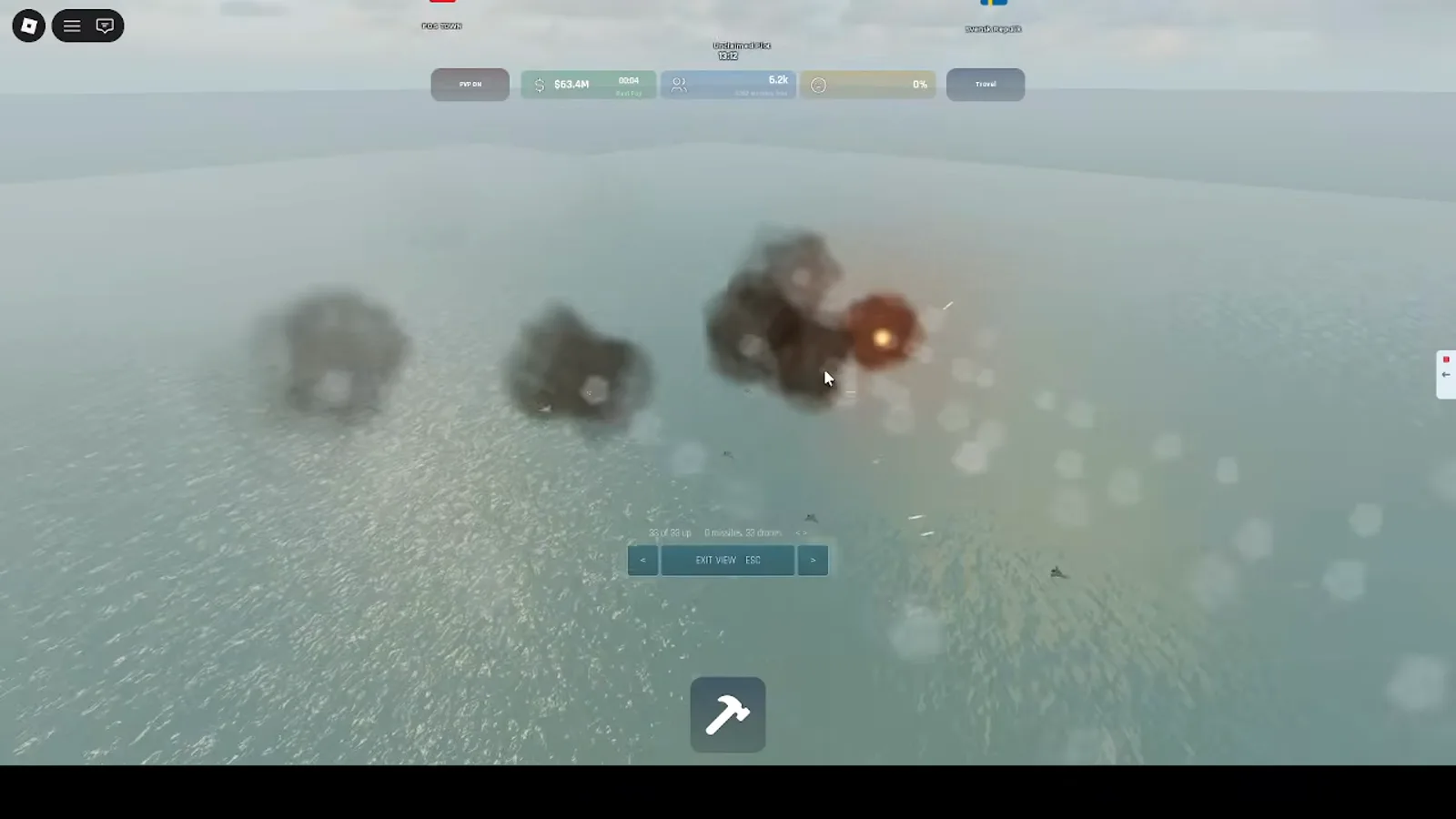 Build and Conquer Roblox sky over the ocean with multiple smoke plumes and trails as interceptors engage six missiles and thirty drones in view mode