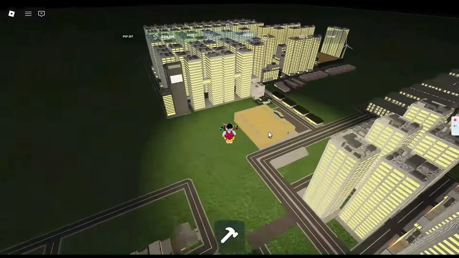 Nighttime aerial view of a dense Build and Conquer city grid with yellow-lit apartment blocks, roads, and a $24.5M cash balance in the top HUD.