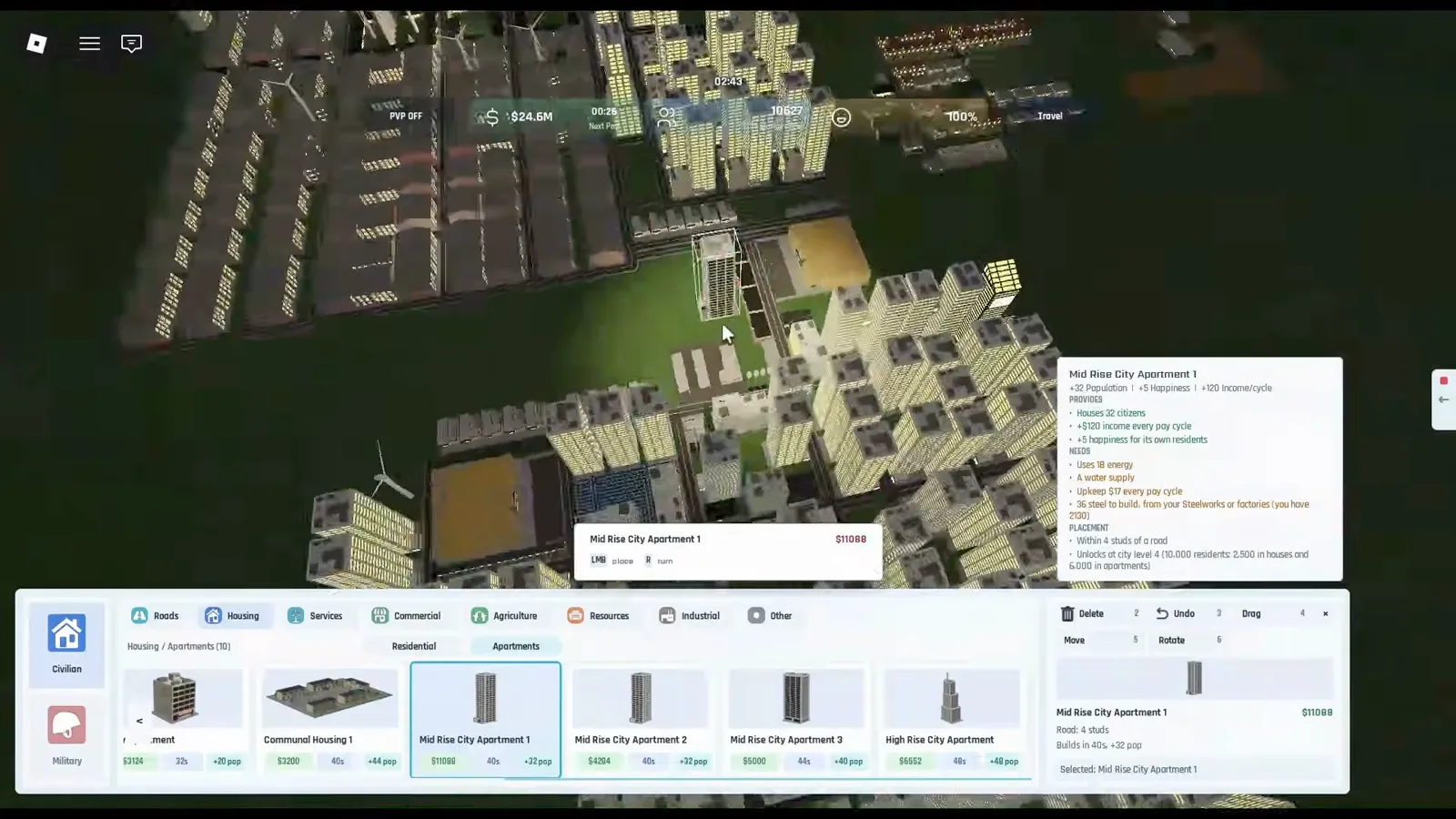 Build and Conquer Roblox Civilian build menu on Housing / Apartments with a Mid Rise City Apartment 1 placement ghost on grass beside paved roads, apartment blocks, and industrial rows at night.