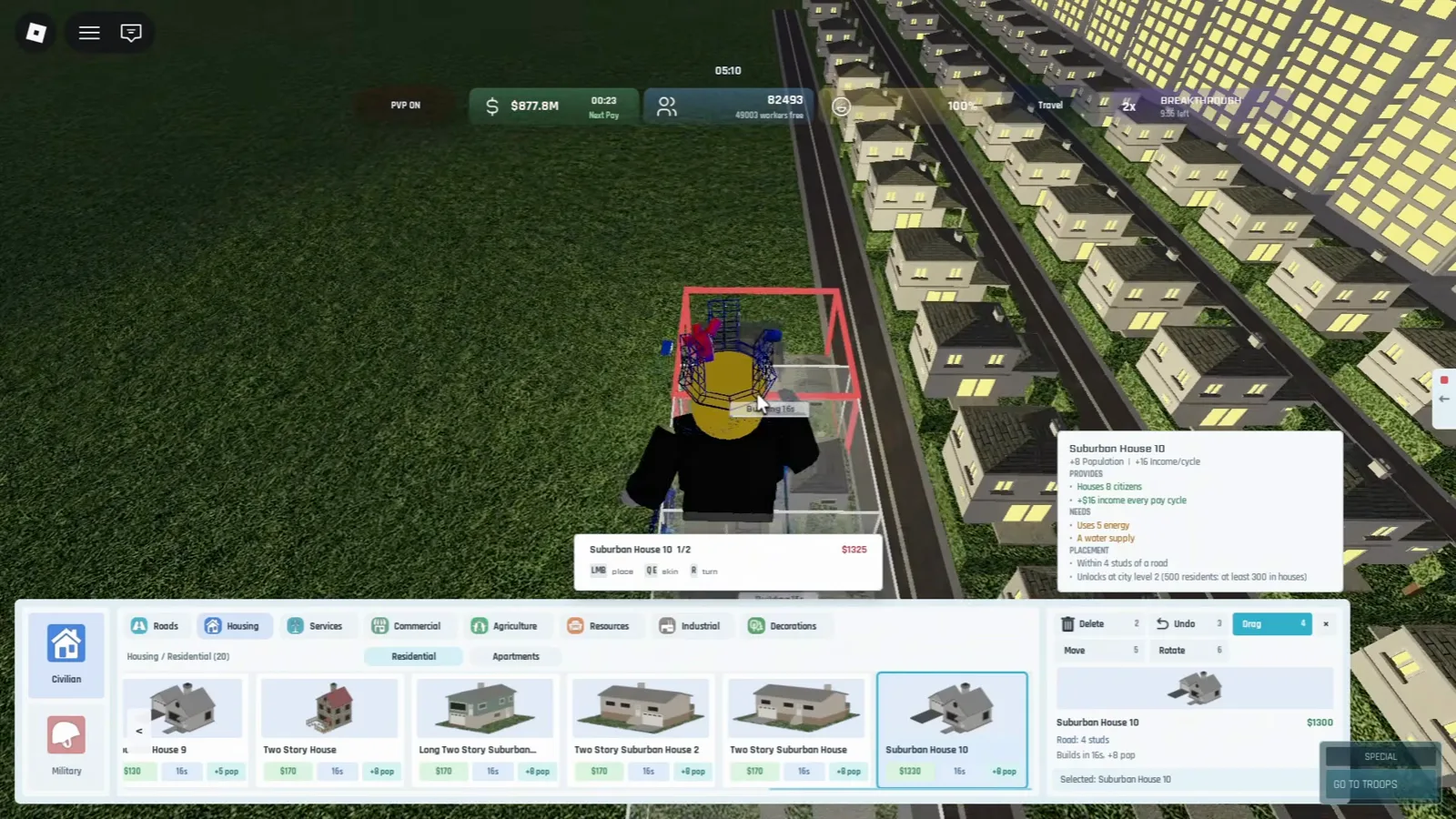 Build and Conquer Roblox suburban house rows built along a road with player avatar placing Suburban House 10 while the level 2 unlock tooltip stays on screen
