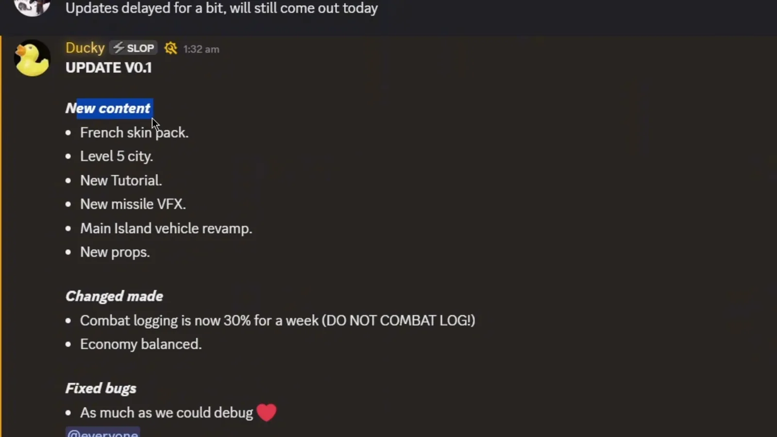 Build and Conquer Roblox Discord UPDATE V0.1 message listing Level 5 city under New content in the Ducky announcement