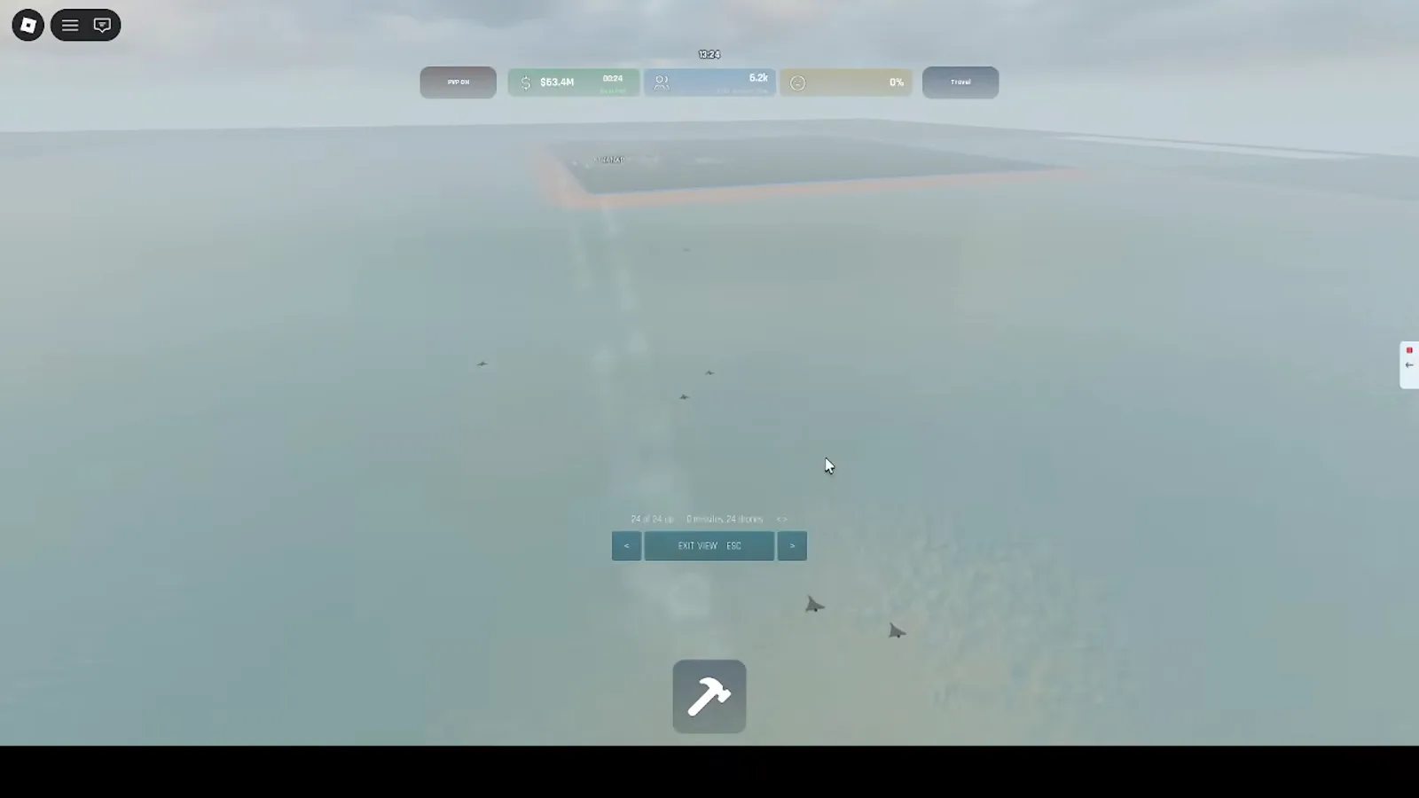 Build and Conquer Roblox foggy drone camera view with EXIT VIEW ESC controls and HUD showing twenty-four of twenty-four and zero missiles twenty-four drones