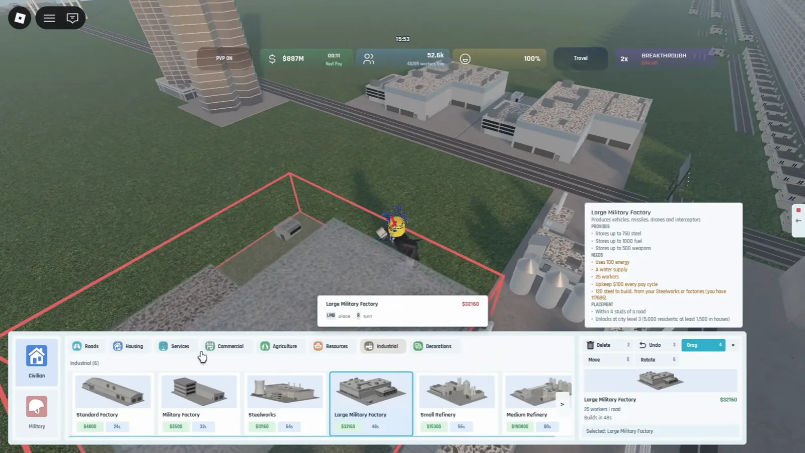 Build and Conquer Roblox Industrial tab Large Military Factory selected with build card text listing drone production storage and city level three unlock requirements