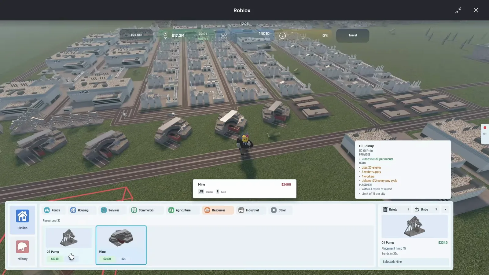 Resources tab with Mine and Oil Pump selected, placement ghost on road grid, and Oil Pump stats panel listing production and limits.