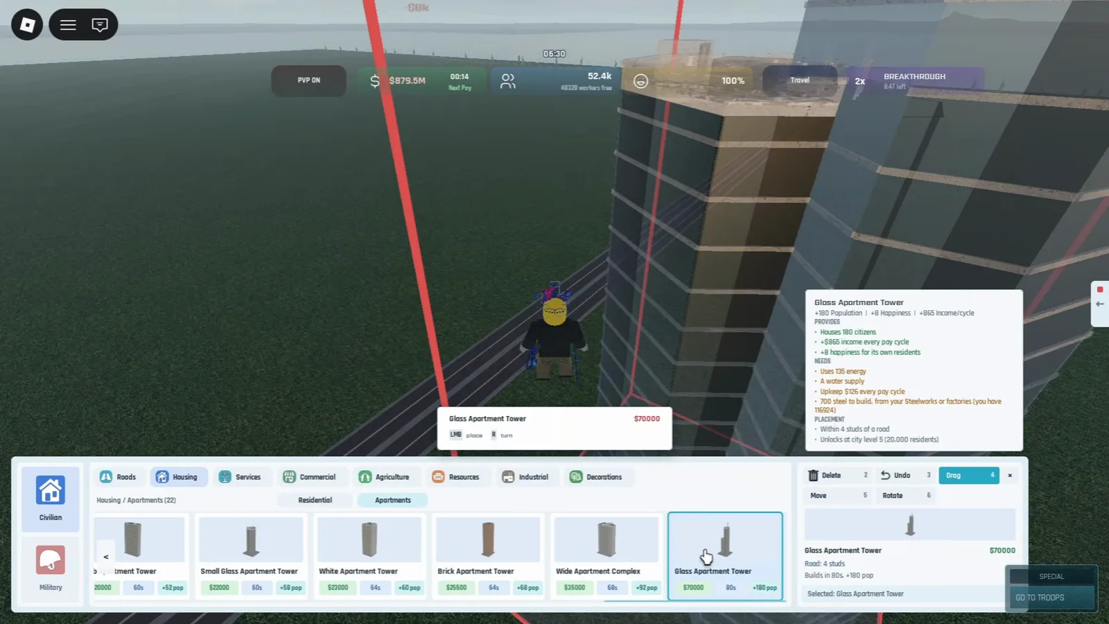 Build and Conquer Roblox Glass Apartment Tower tooltip showing plus 180 population plus 8 happiness and water plus energy needs