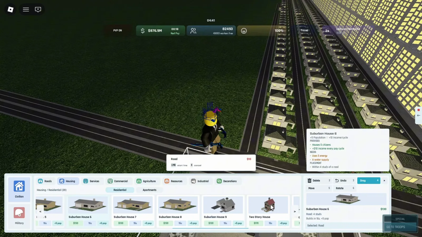 Build and Conquer Roblox suburban house grid beside dense apartment wall with build menu showing plus five population suburban houses