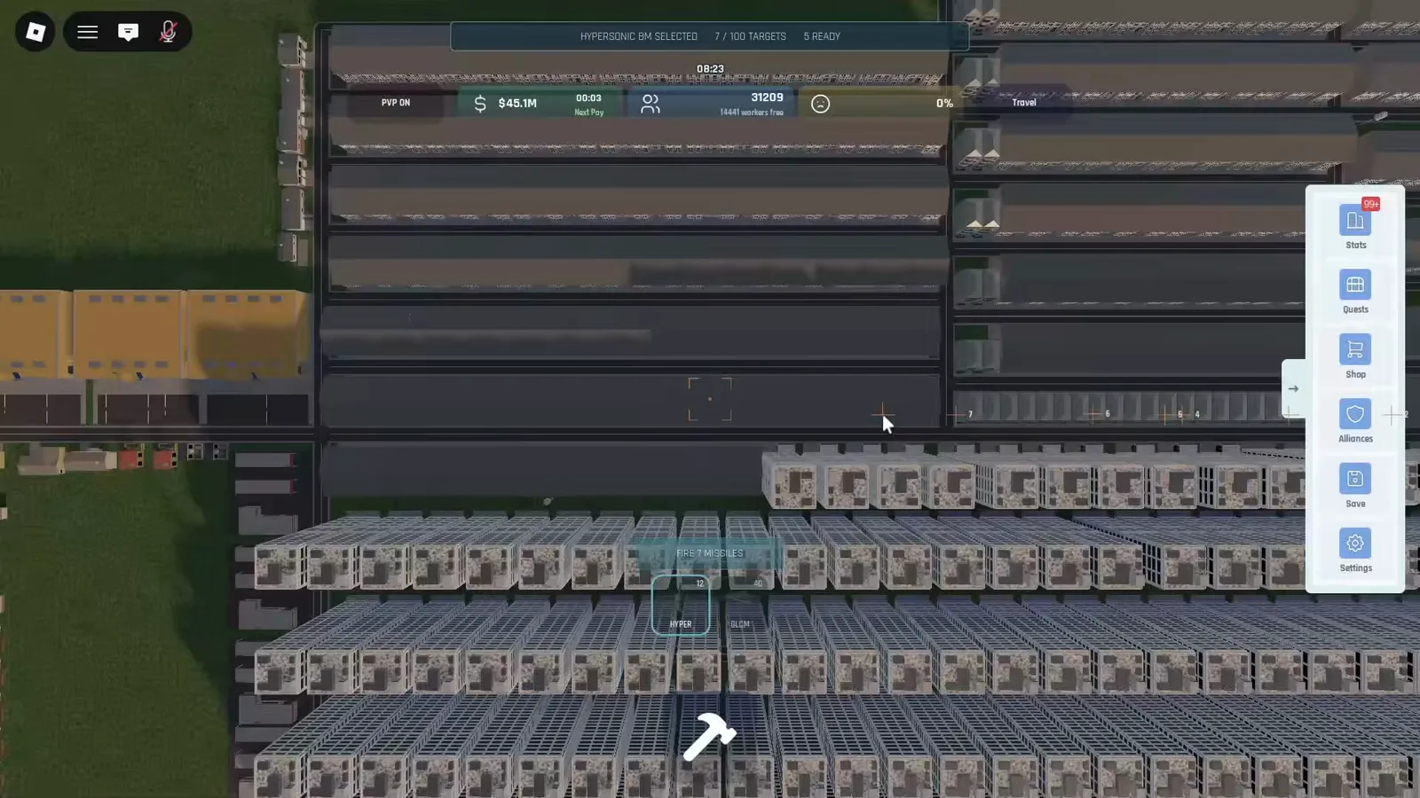 Build and Conquer Roblox missile launch HUD with Hypersonic BM selected seven of one hundred targets and five ready missiles plus GLCM and HYPER fire queue