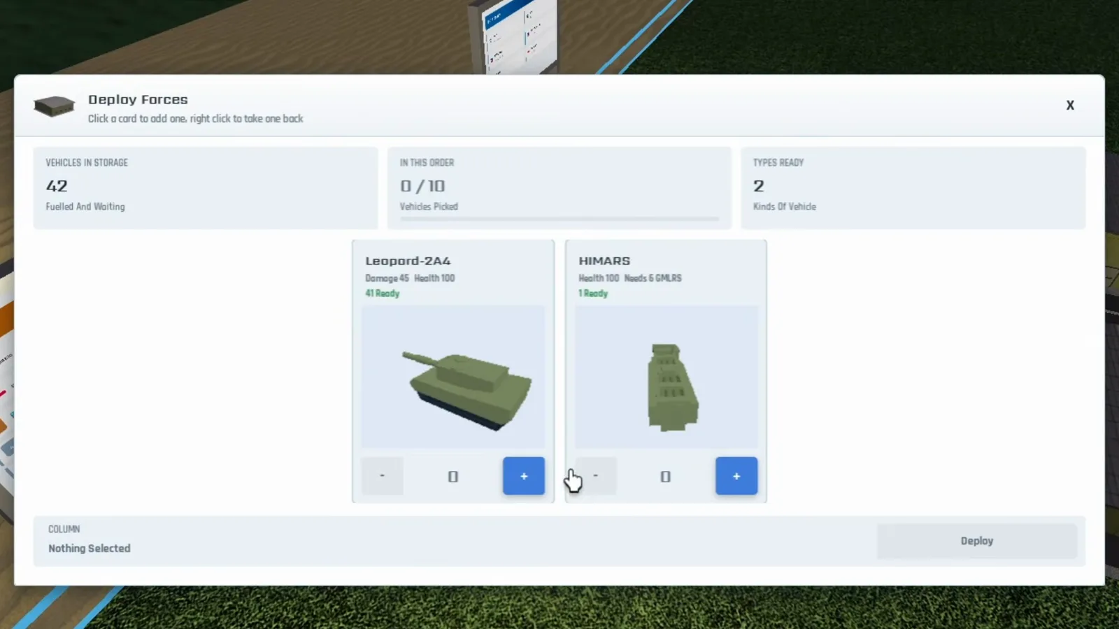 Build and Conquer Roblox Deploy Forces UI showing HIMARS needing GMLRS rockets and Leopard-2A4 tanks ready before mainland deployment
