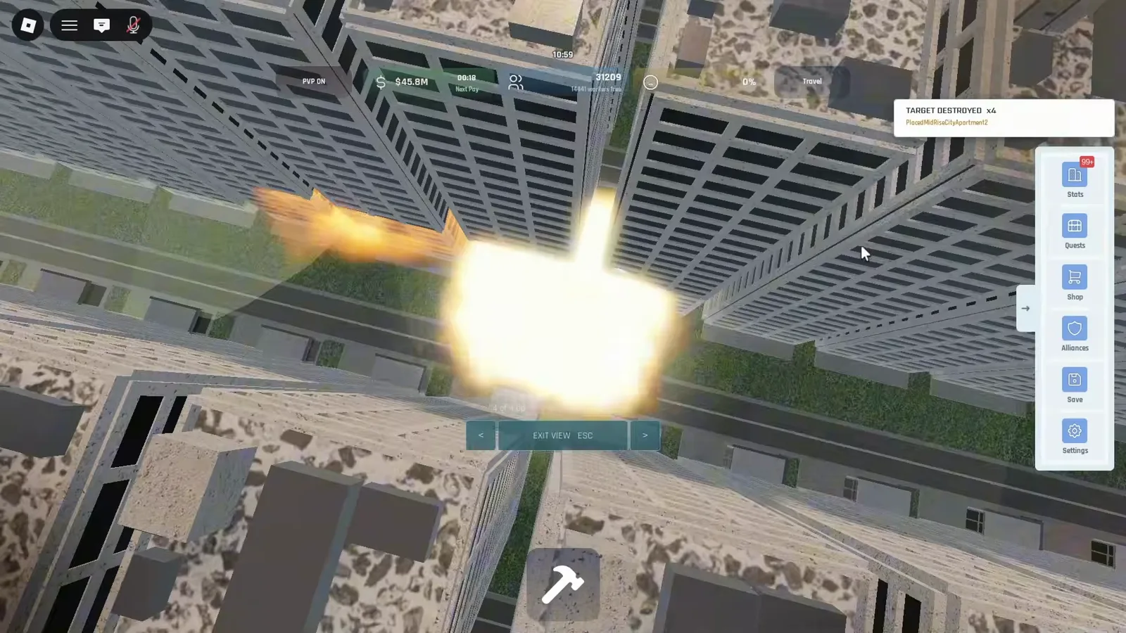 Missile strike explosion between grey mid-rise apartment rows with TARGET DESTROYED x4 notification and PVP ON in the HUD.