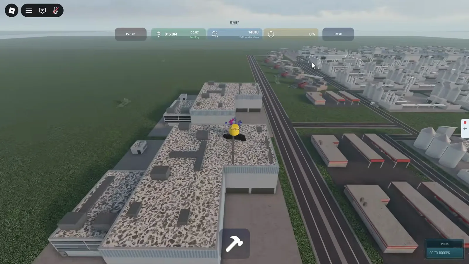 Industrial grid with PVP ON in the HUD, $16.9M balance, 14010 population, and bottom-right military UI buttons including Go To Troops.