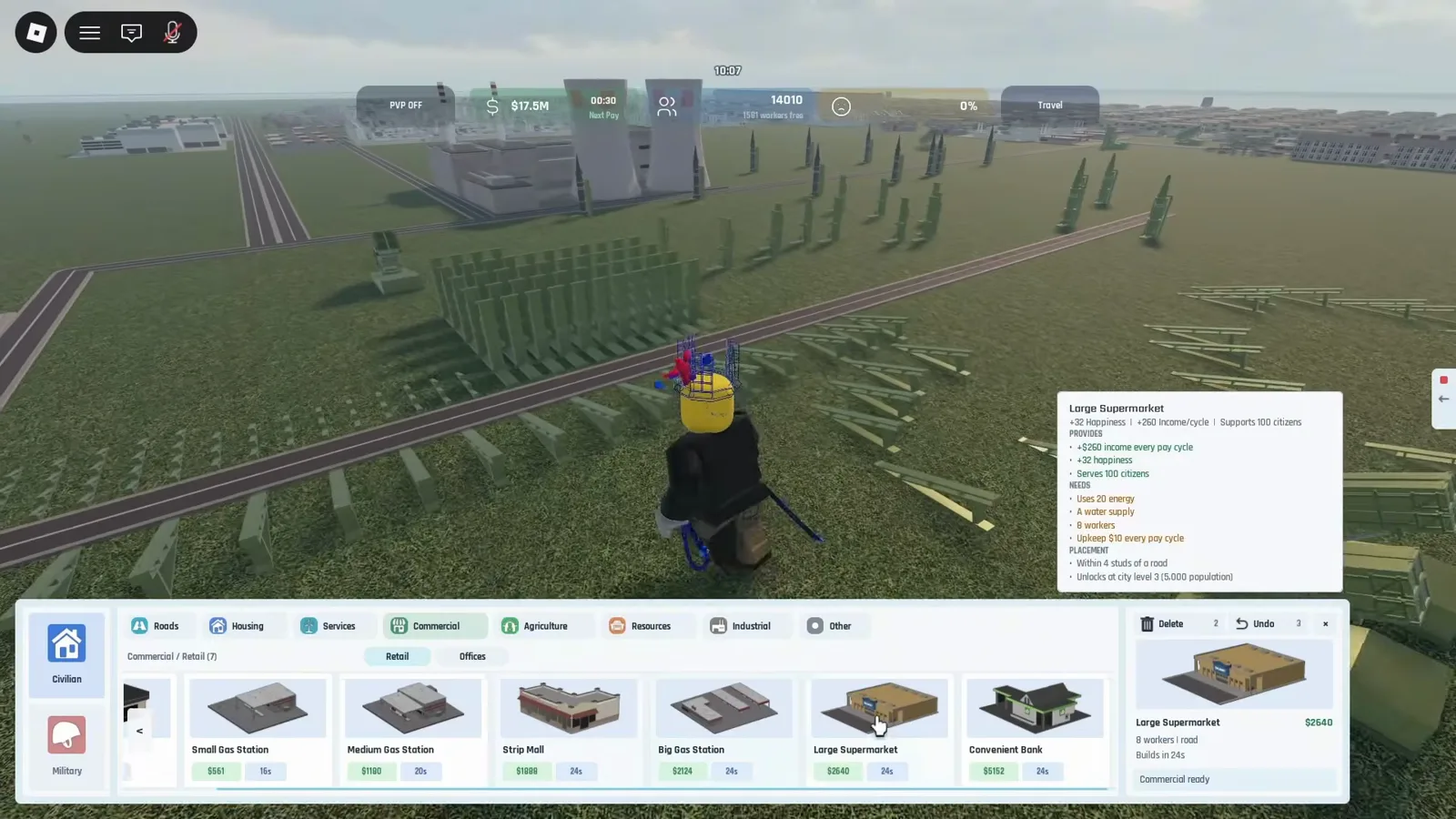 Commercial Retail tab open with Large Supermarket selected, tooltip showing income per pay cycle, worker and utility needs, and city level 3 unlock at 5000 population.