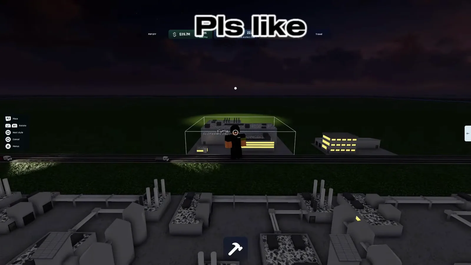 Cena noturna Build and Conquer Roblox colocando a área da fábrica grande Slop Arms Inc ao lado da estrada com chaminés industriais em primeiro plano
