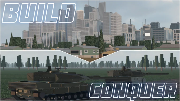Official-style BUILD and CONQUER Roblox listing art with a city skyline above and tanks below—match this icon before trusting any third-party code list.
