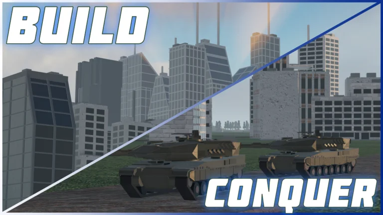 Second BUILD and CONQUER split thumbnail variant with skyscrapers and olive tanks—wrong-game code pages often omit place ID 103767961452227.