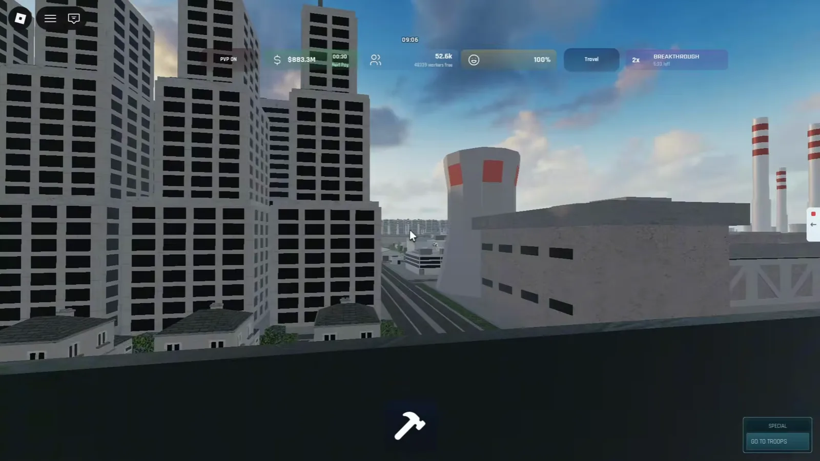 Build and Conquer Roblox city street between apartment blocks and power plant with white cooling tower and red-striped smokestacks under morning sky